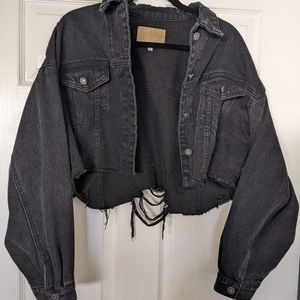 Cropped Black Distressed Denim Jacket